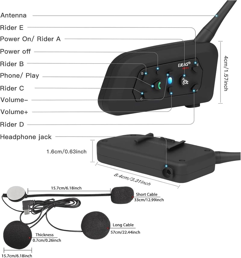 EJEAS V6 Motoros Bluetooth Headset - 1200m Hatótávolság, 6 Motoros Kommunikáció, DSP Zajszűrés, Vízálló Sisakbeszélő Rendszer