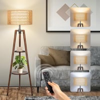 OUTON Fa Állólámpa LED Tripod Polccal - Távirányítós, 4 Színhőmérséklet, Időzítő, Dupla Lámpaernyő, Dió Színű, Nappali és Hálószoba Világítá 7