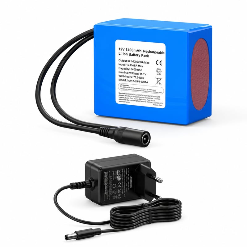 NASTIMA 12V 6400mAh 71,04Wh punjiva litij-ionska baterija s punjačem i priključkom — bez DC konektora (stanje: vidi 2. sliku)