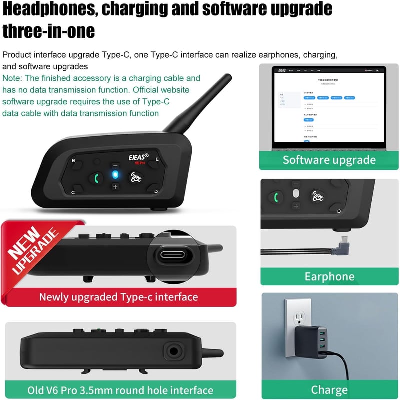 EJEAS V6 Motoros Bluetooth Headset - 1200m Hatótávolság, 6 Motoros Kommunikáció, DSP Zajszűrés, Vízálló Sisakbeszélő Rendszer