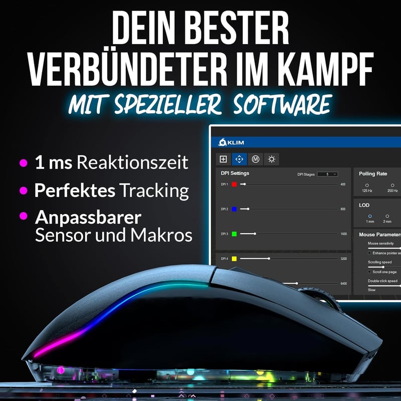 KLIM Blaze X RGB Vezeték Nélküli Gamer Egér - Újratölthető, Töltőállomással, 12000 DPI, PC/PS5/PS4/Mac Kompatibilis, Fekete