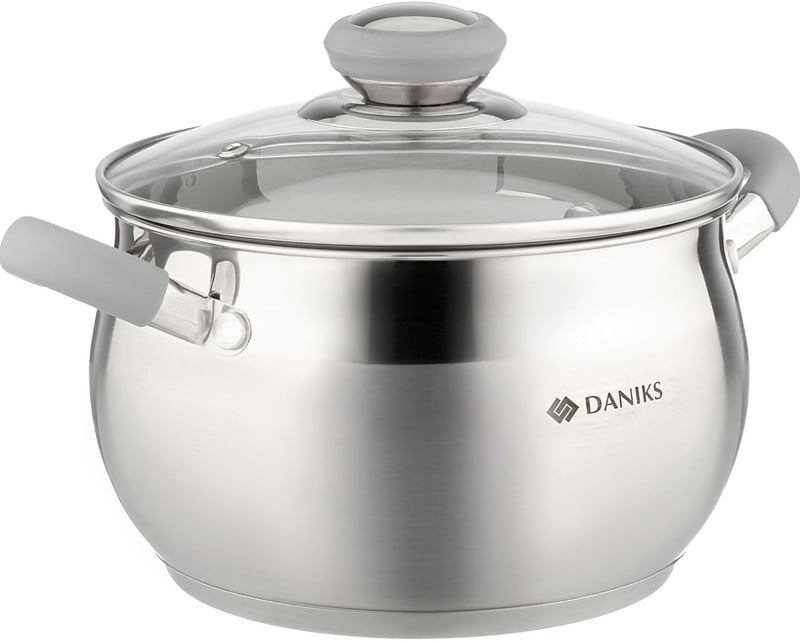 Daniks Rozsdamentes Acél Lábas 2,9L Üvegfedővel - Indukciós Főzőlappal Kompatibilis Edény Szilikon Fogantyúkkal, Mosogatógépben Mosható