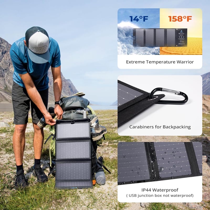 BigBlue 28W Hordozható Napelemes Töltő 3 USB Porttal, Vízálló, Összehajtható Napelem Panel Kempingezéshez, iPhone Android GoPro Eszközökhöz
