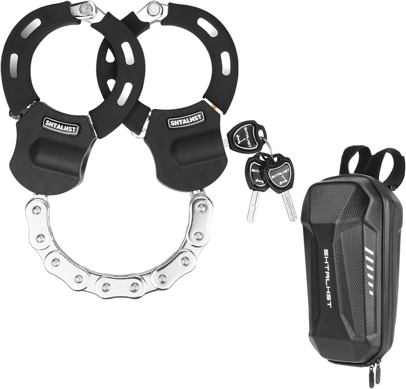 SHTALHST Bilincs Zár Elektromos Rollerhez - Acél Láncos Biztonsági Lakat Xiaomi, Ninebot, NIU Rollerekhez 3L Táskával, 56 cm, Fekete