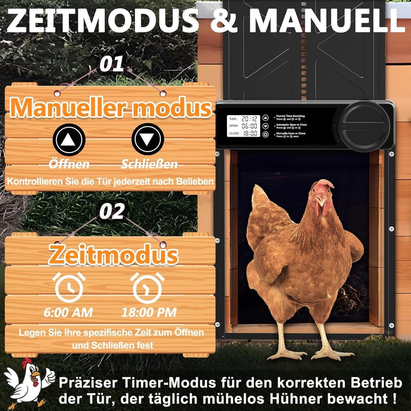 INNOLAND Automata Csirkeajtó - Extra Nagy Méretű, Időzíthető, Alumínium, Becsípődésgátlós, Vízálló Kijelzős, Akkumulátoros Tyúkól Ajtó Csirk