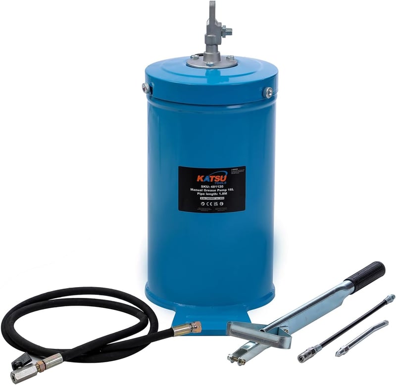 KATSU Tools Kézi Zsírzópumpa 16L - Hordozható Kenőanyag Adagoló Járművekhez és Gépekhez, 2000 psi/137 bar Nyomással, Alumínium Fejjel (48112