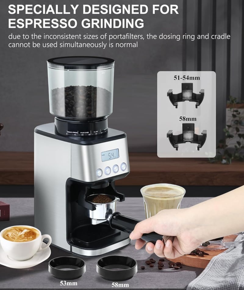 Homtone Elektromos Kávédaráló 51 Őrlési Fokozattal - Portafilterhez és Tárolóhoz, Rozsdamentes Acél, Csepegtetős/Pour Over/Cold Brew/French 
