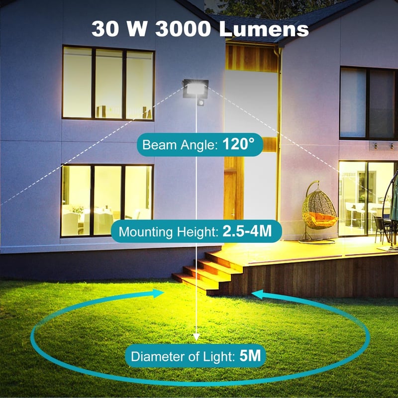 kolpop LED Mozgásérzékelős Reflektor Kültéri, 2 db 30W 3000LM, 6500K Hideg Fehér, IP65 Vízálló, 120° Szögben Állítható Lámpa Garázsba, Kertb