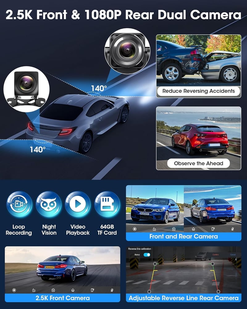 Driveplay 10,26" Vezeték Nélküli Carplay Autós Kijelző 2,5K Fedélzeti Kamerával - Tükrözés, Dupla Bluetooth 5.0, Siri/Google Támogatás, 64GB