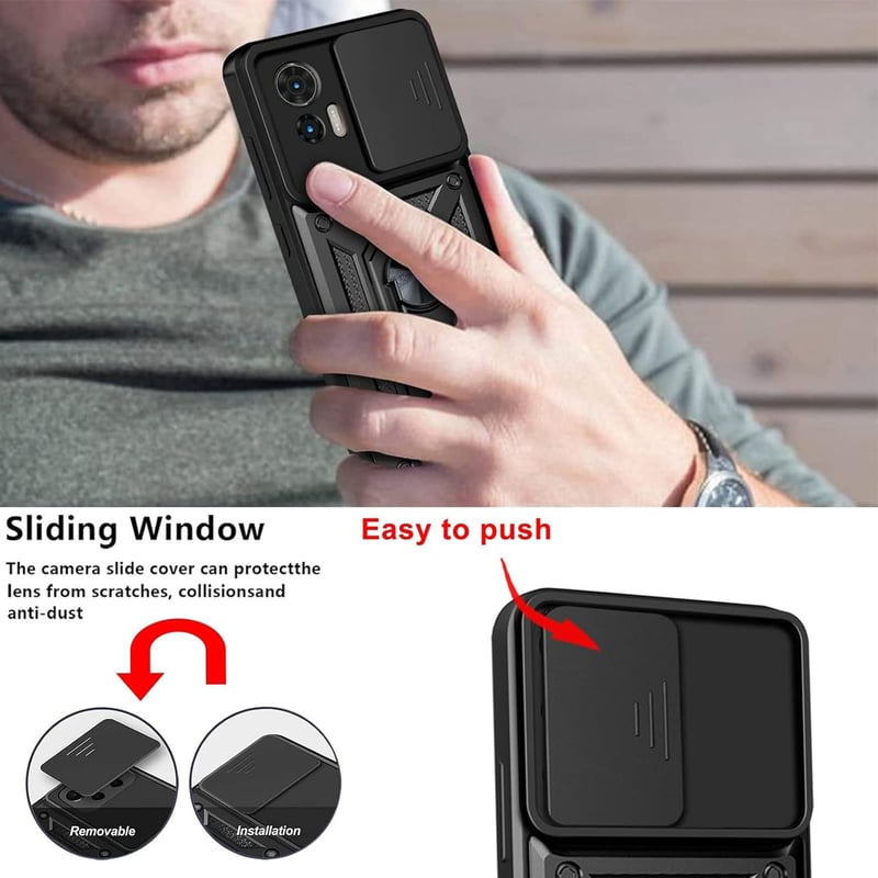 Motorola Edge 30 Neo csúsztatható kamerás védőtok, 360°-os gyűrűvel, mágnessel - Fekete