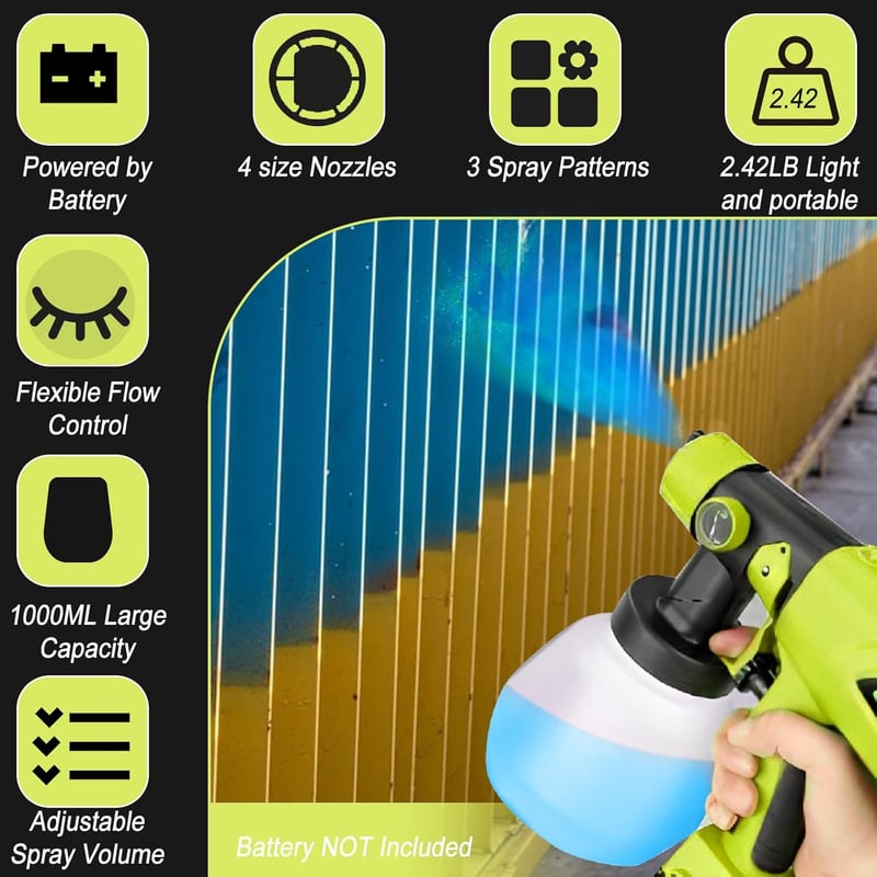 CDIYTOOL Akkumulátoros Festékszóró Ryobi 18V Akkumulátorhoz - HVLP Elektromos Szórópisztoly 4 Fúvókával és 1000ml Tartállyal Falakhoz, Kerít