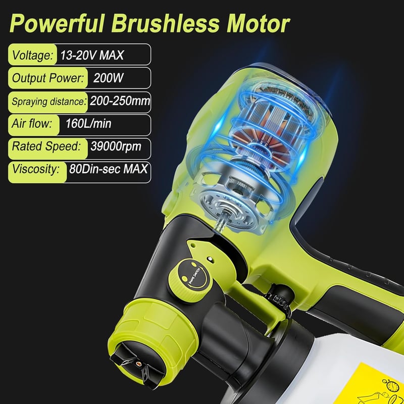 CDIYTOOL Akkumulátoros Festékszóró Ryobi 18V Akkumulátorhoz - HVLP Elektromos Szórópisztoly 4 Fúvókával és 1000ml Tartállyal Falakhoz, Kerít