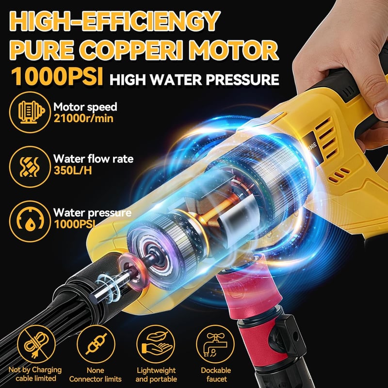 CDIYTOOL Akkumulátoros Magasnyomású Mosó DEWALT 20V Akkuhoz - 1000PSI Hordozható Tisztító 6 az 1-ben Fúvókával és Habosítóval Autó, Kerítés,
