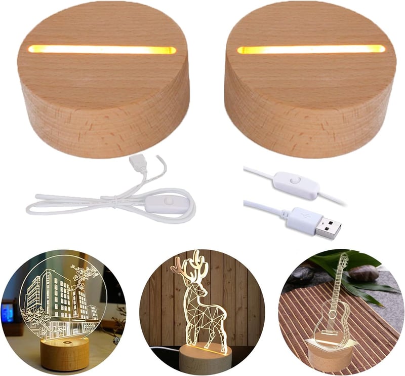 CDIYTOOL LED világító fa alap 2db USB meleg fehér kerek dekoratív asztali kijelző