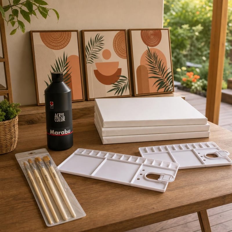 Akril set za početnike: 3x platno 30×40 cm + 500 ml crna akrilna boja + 4x kist + 2x paleta s 33 udubljenja