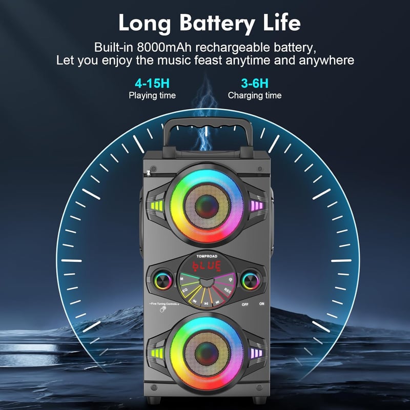 TOMPROAD Bluetooth Hangszóró 60W - Hordozható Vezeték Nélküli Hangfal Karaoke Funkcióval, FM Rádióval, LED Világítással és Távirányítóval