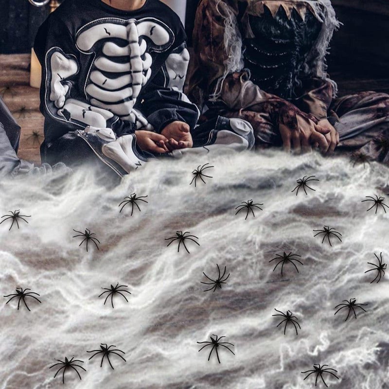 Óriás Halloween Pókháló Szett 100g - 60 Műpókkal, Fekete-Fehér, 27m²