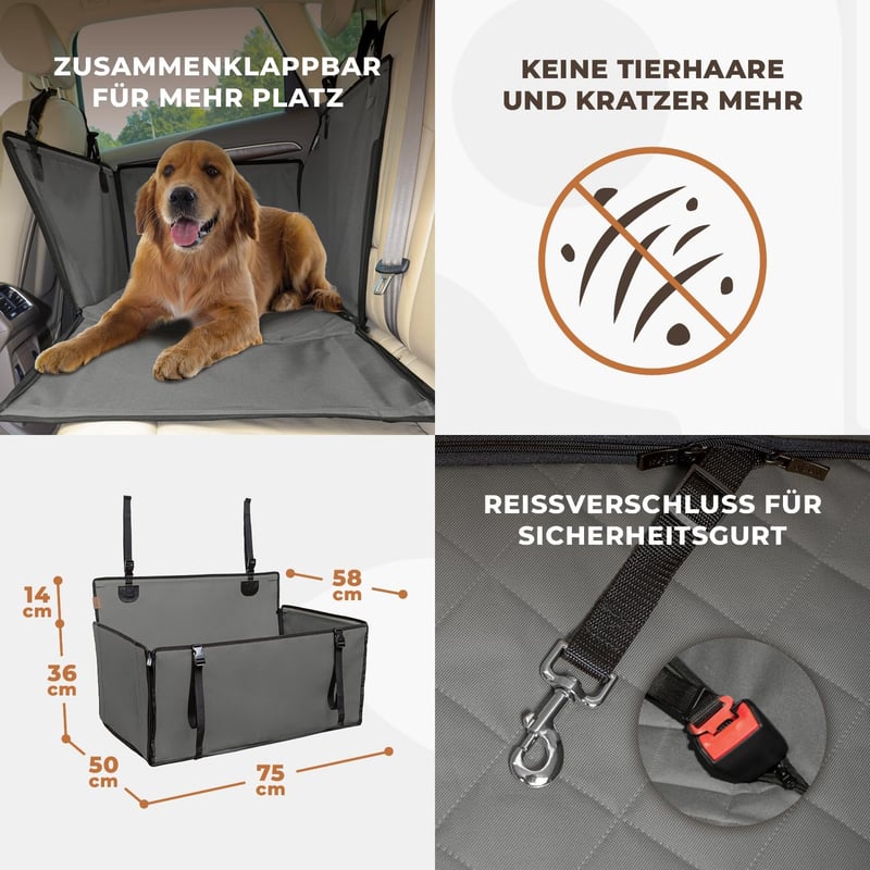WUGLO Extra Stabil Autós Kutyaülés - Megerősített Falú Vízálló Kutyaülés Kis és Közepes Kutyáknak 4 Rögzítőpánttal - Hátsó Ülésre (L Méret,  - l, gray