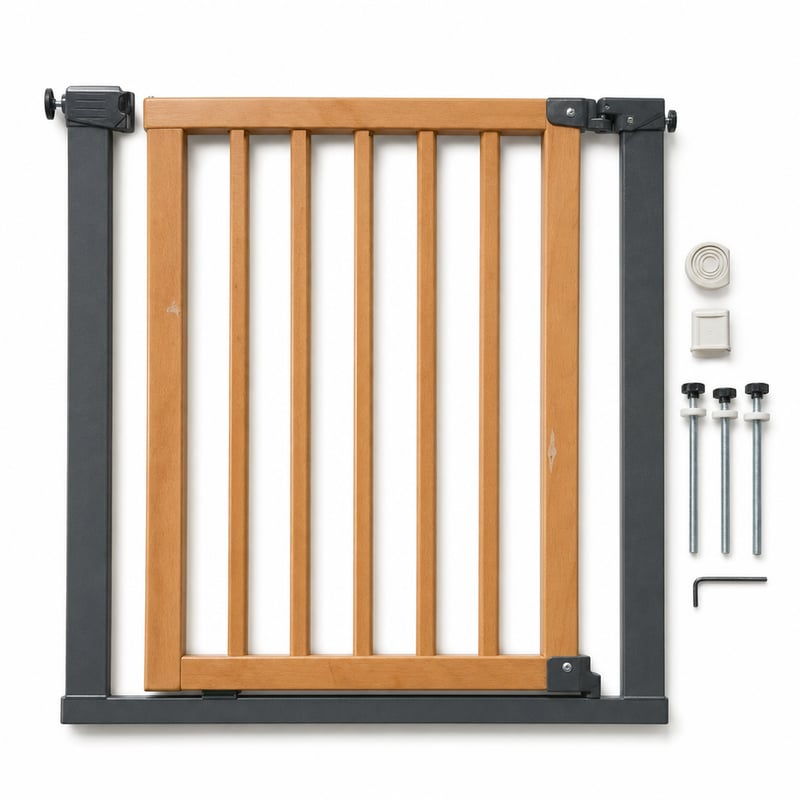 Poartă de siguranță pentru copii Safety 1st Simply Close, Lemn și Grafit, 73-80 cm — Materialul este ușor deteriorat în câteva locuri, prezintă urme de utilizare (Produs de expunere)