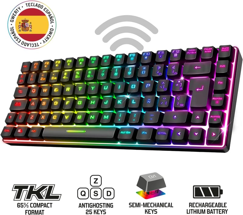 Spirit of Gamer vezeték nélküli Bluetooth TKL gamer billentyűzet, spanyol QWERTY, 65% kompakt
