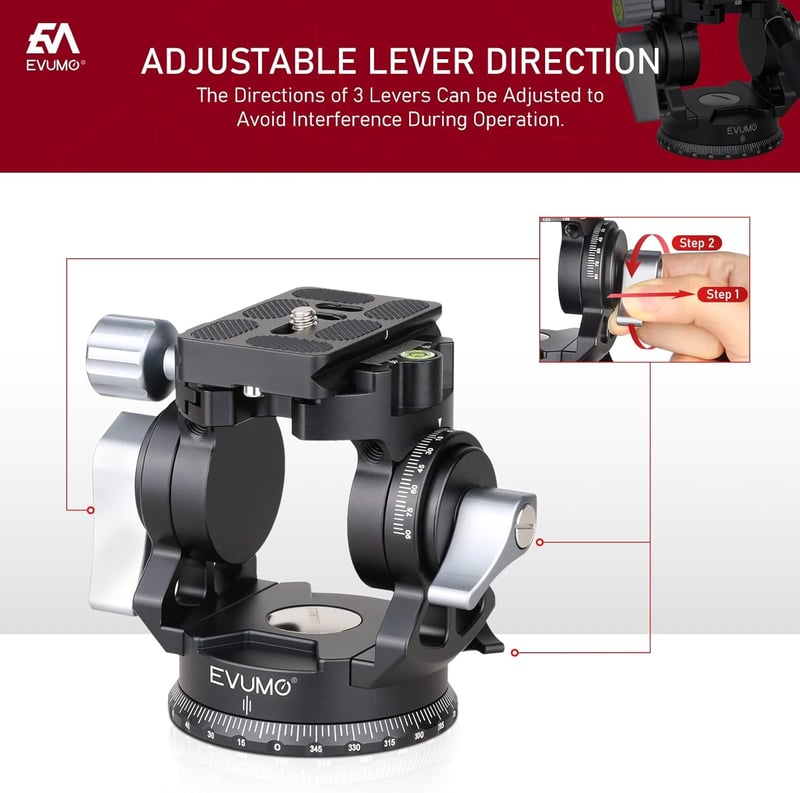 Cap trepied video EVUMO - Cap panoramic 360° cu placă rapidă, pentru GoPro, DSLR și camere video, sarcină maximă 10 kg, mâner reglabil, 47