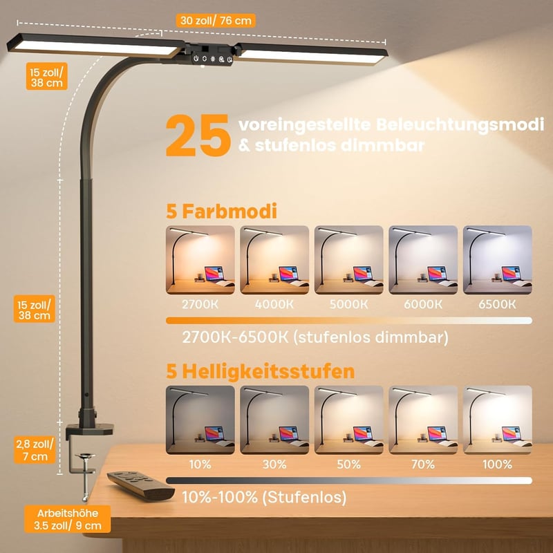 SIBRILLE RGB Dupla Fejes Asztali Lámpa - 22W LED, 80cm, Csíptethető, Távirányítós, Állítható Színhőmérséklet, Szemvédő Monitor Világítás