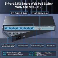 Sodola 8 Port 2.5G Menedzselhető PoE Switch 120W - 1x 10G SFP+ & 4x 2.5G PoE Port, 90W Max Teljesítmény, IEEE802.3af/at/bt, Asztali & Fali H 2