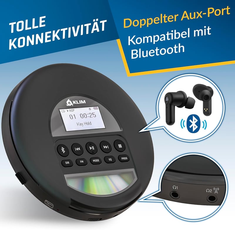 KLIM Nomad Hordozható CD Lejátszó Bluetooth - Hosszú Üzemidejű Akkumulátor, Fülhallgatóval, CD-R/RW/MP3, TF Kártyaolvasó, FM Rádió - Autóba 