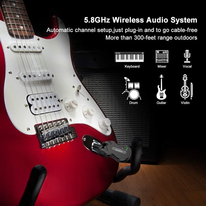 LEKATO 5.8GHz Vezeték Nélküli Gitár Rendszer - Újratölthető Adó-Vevő Szett Elektromos Gitárhoz és Basszusgitárhoz, Interferenciamentes
