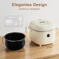 Bear Elektromos Rizsfőző 2L Kapacitással - 350W Multifunkciós Mini Készülék 6 Főzési Programmal, Párolóval, 2-4 Személyre, Bézs 4