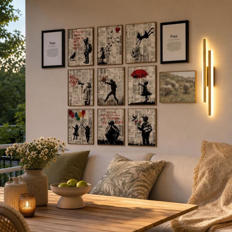 Dekor set na stenu: 9x Banksy obraz + 1x obraz ovce + 2x rám na fotky + 1x LED lampa