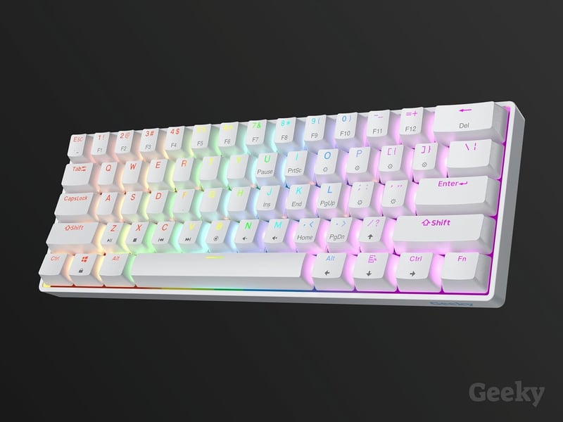 Geeky GK61 SE 60% Mechanikus Gamer Billentyűzet, 61 Gombos RGB Háttérvilágítás, Barna Kapcsolók, USB-C, PC/Mac/PS5/Xbox Kompatibilis, Fehér
