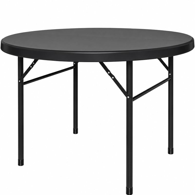 YITAHOME 122 cm kerek összecsukható asztal fekete, fém vázzal, 4 cm asztallap — hiányzó fogantyú (állapot: lásd a 2. képet)