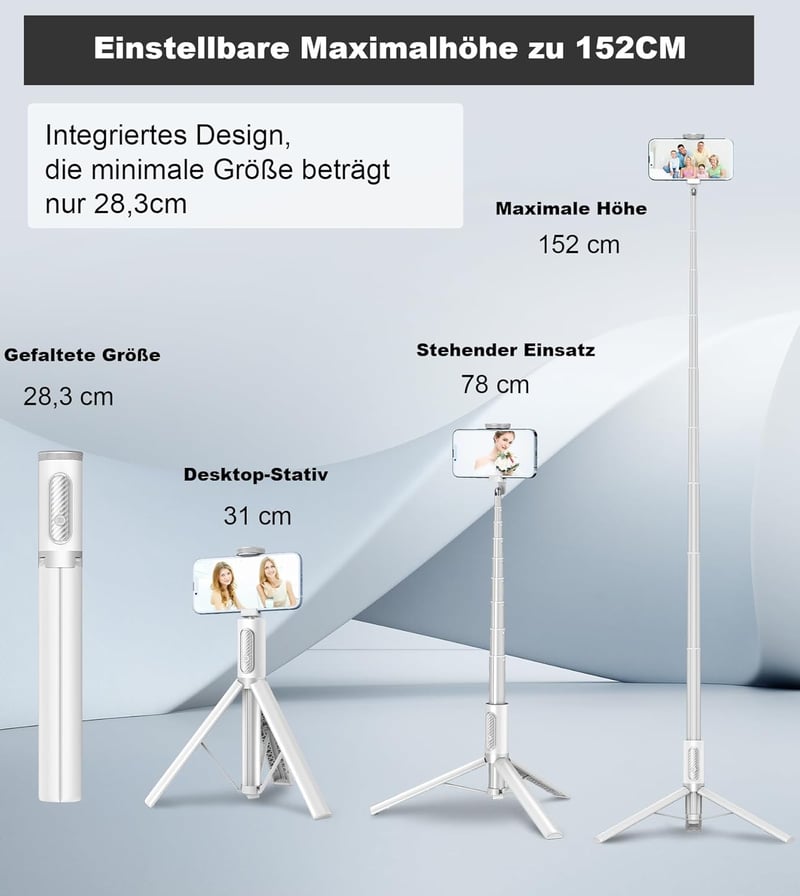 TONEOF 152cm-es Fehér Alumínium Szelfibot Állvány iPhone és Android Telefonokhoz, Vezeték Nélküli Távirányítóval - 173cm, Beige Grey