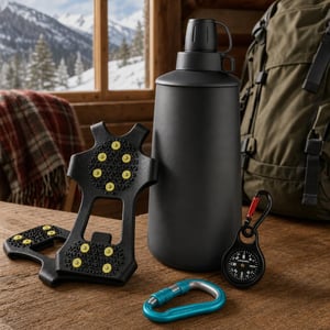 Zimný turistický set: protišmykové návleky + 1l filtračná fľaša + mini kompas + karabína