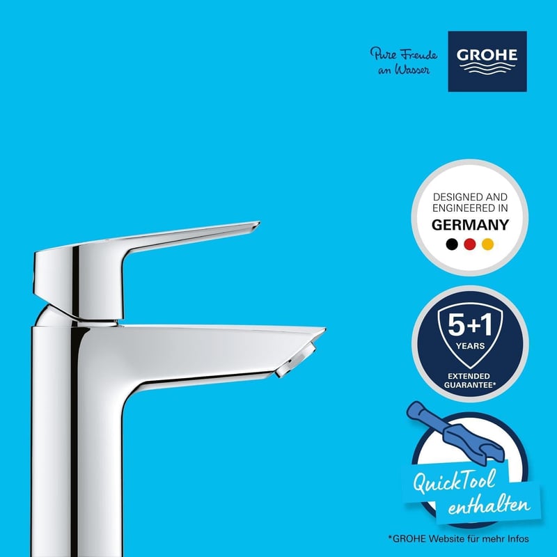 GROHE Quickfix Start Egykaros Mosdócsap S Méret | Króm Fürdőszobai Csaptelep Szerelőeszközzel | Víztakarékos Rendszer | Fém Fogantyú