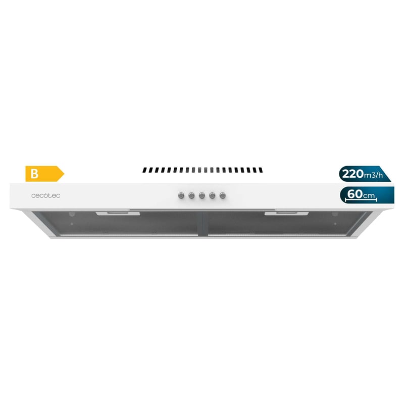 Hotă Cecotec Bolero Flux CM 602200, 60 cm, albă, capacitate de absorbție 220 m3/h, motor 70 W, control mecanic, 3 trepte de viteză