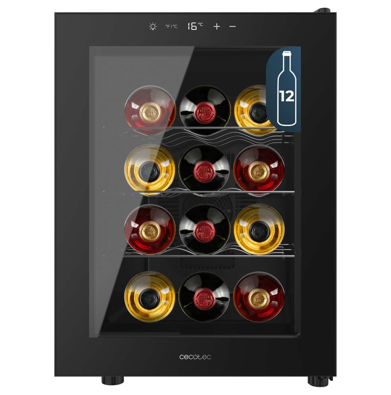 Hladnjak za vino Cecotec Bolero GrandSommelier 1255 CoolCrystal E, kapacitet 12 boca, metalne police, kontrole na dodir, 8-18°C, crni