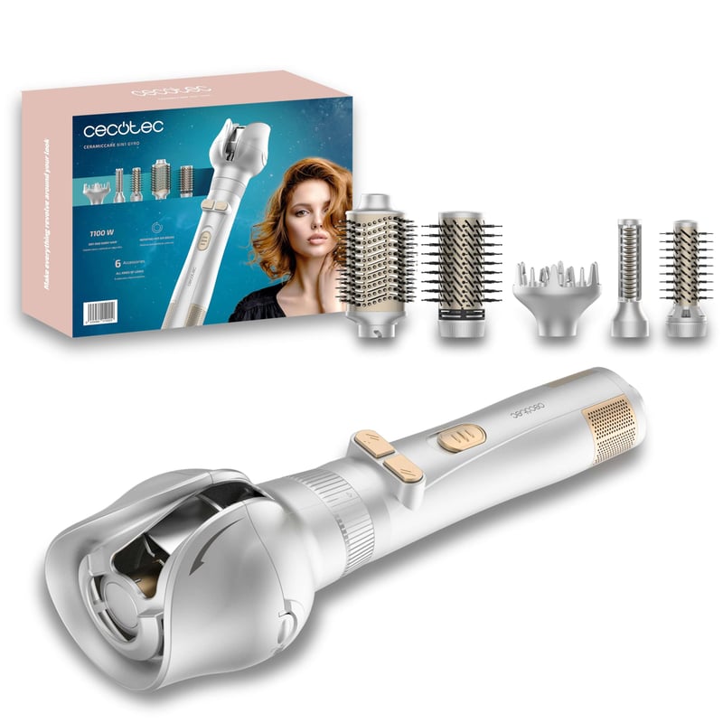 Perie cu aer cald Cecotec CeramicCare 6in1 Gyro 1100 W, cu 6 capete interschimbabile, cablu 360°
