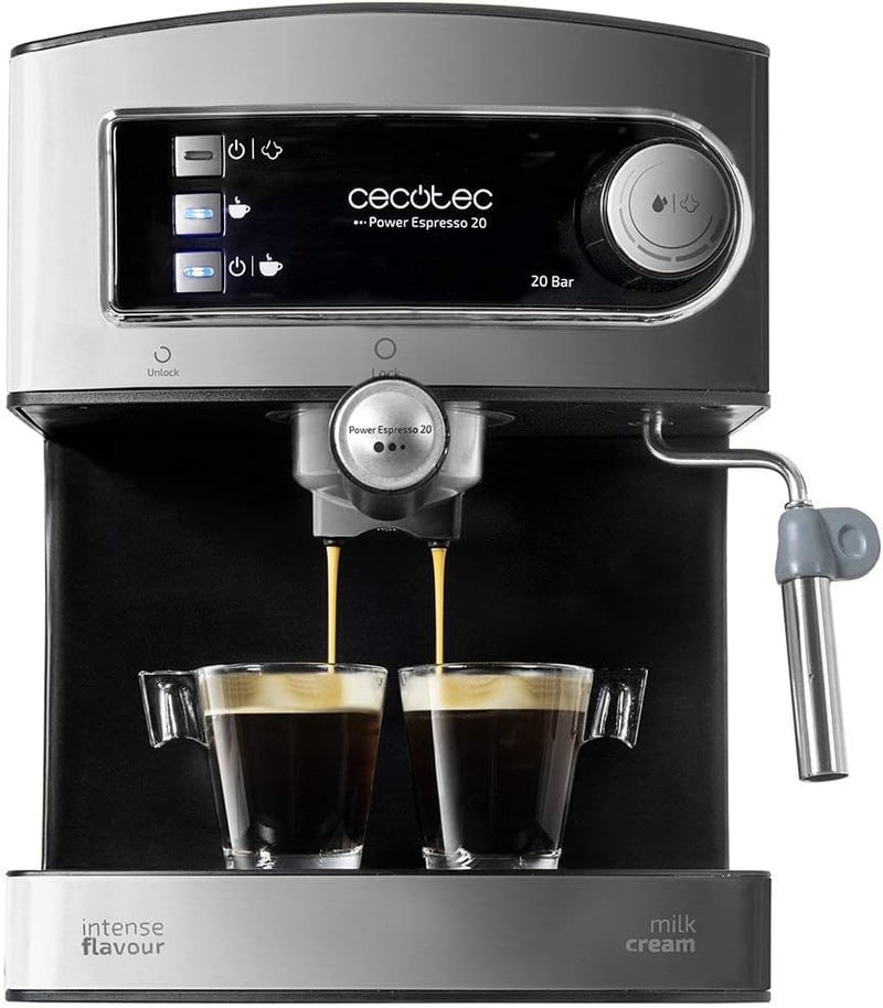 Cecotec Eszpresszó és Cappuccino Kávéfőző Gép, 20 Bar Nyomás, 850W, Dupla Kifolyó, Tejhabosító, Csészemelegítő, Fekete