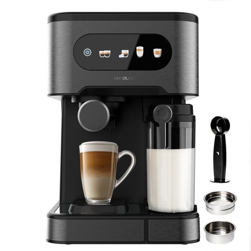 Cecotec Power Espresso 20 ColdBrew Latte+ Eszpresszógép 1350W 20 bar Színes Érintőkijelző 1,5L Víztartály 500ml Tej Sötét Acél Dupla Kar