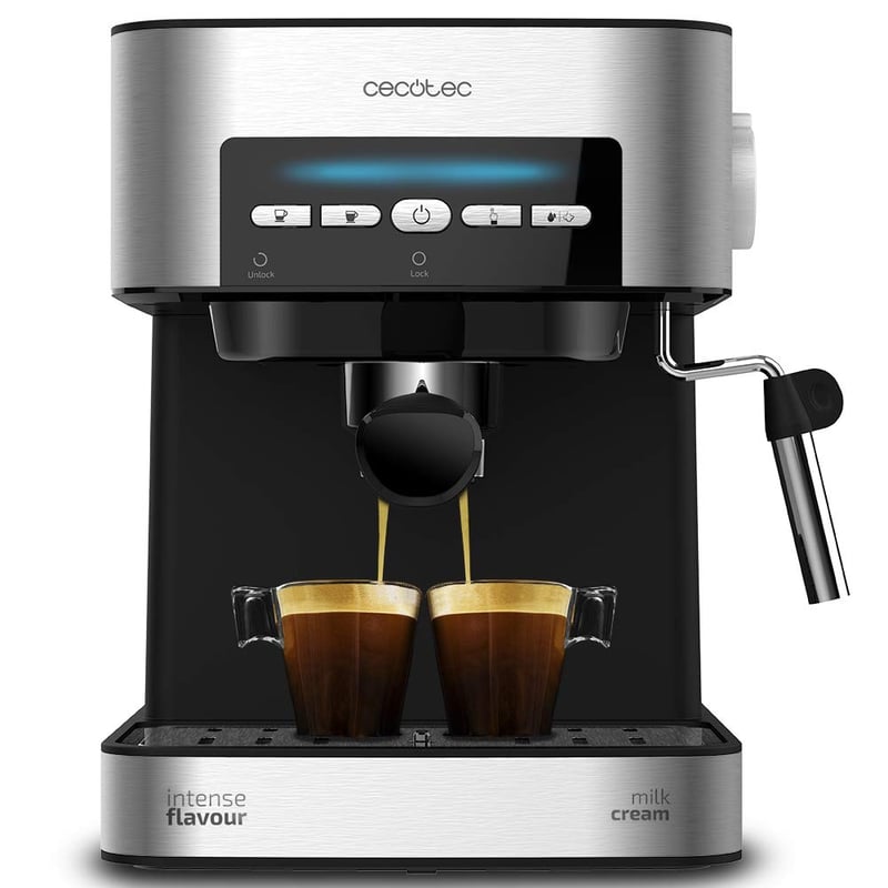 Pákový kávovar Cecotec Power Espresso 20 Matic – 850 W, 20 bar, 1,5 l, dvojitá výpusť, naparovacia dýza, nehrdzavejúca oceľ, čierno-strieborný