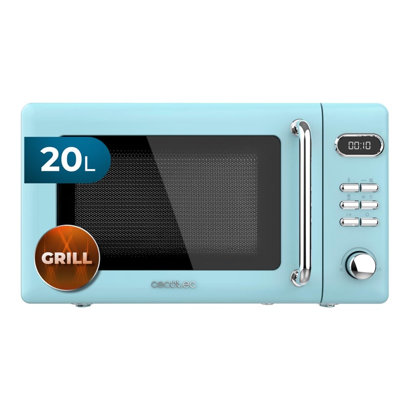 Cecotec ProClean 5110 Retro Blue mikrohullámú sütő grillel, 20 L, 700 W, 8 program, időzítő, vintage kék design