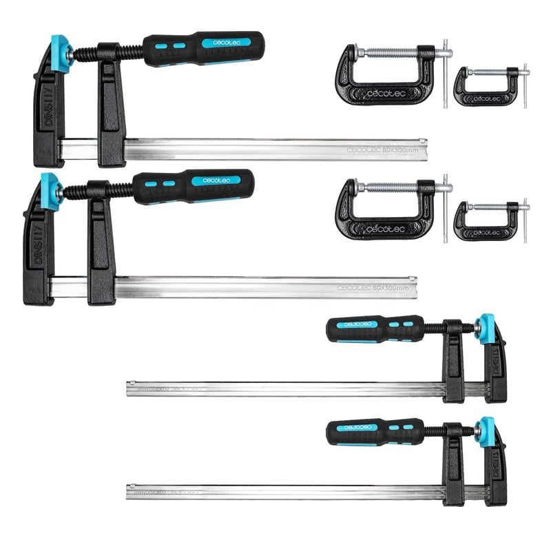 Sada stolárskych zvierok Cecotec StrongComfort 4400 Force, 8 ks, 4x zvierka 300 mm (2x80 mm + 2x50 mm), max. 350 kg, DIN 5117, 4x 1/2" svorka na rúrku