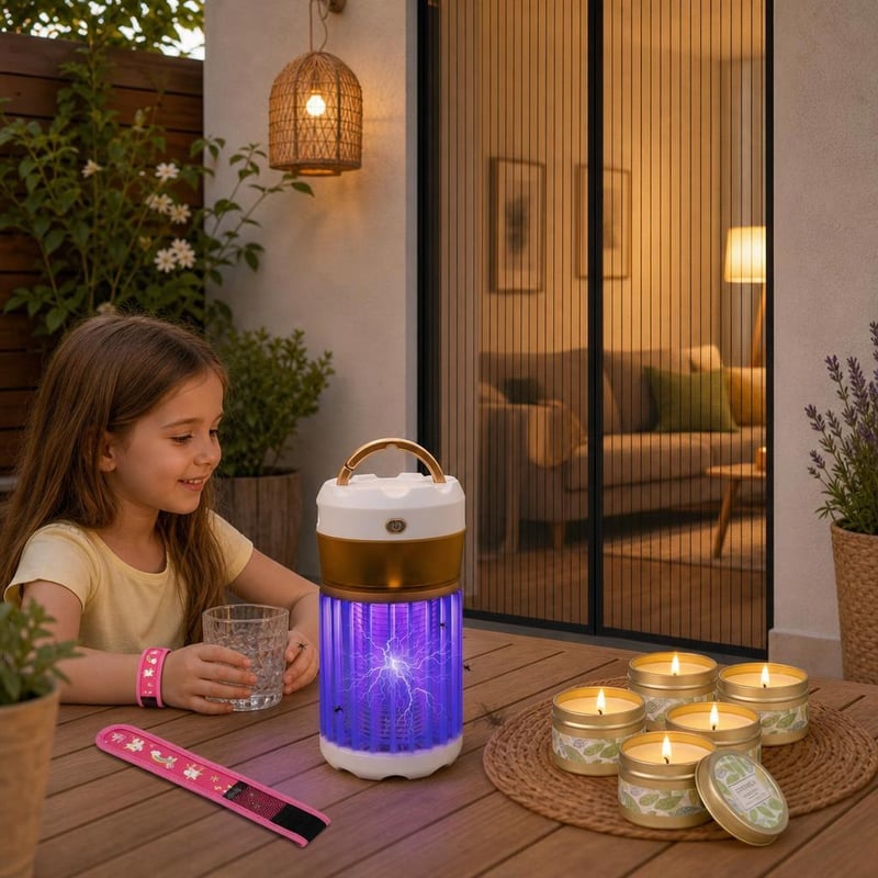 Nyári szúnyoghálócsomag: gyerek karkötő + USB UV csapda + 6 db citronella gyertya + mágneses ajtóháló