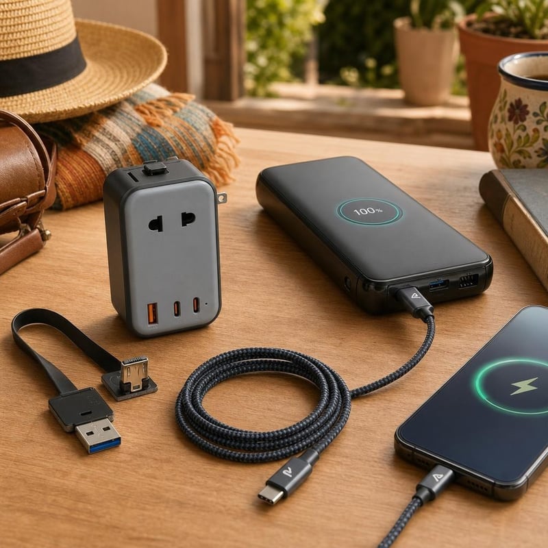 Úti töltővár: univerzális adapter + 20000 mAh powerbank + USB-C kábel + micro-USB kábel