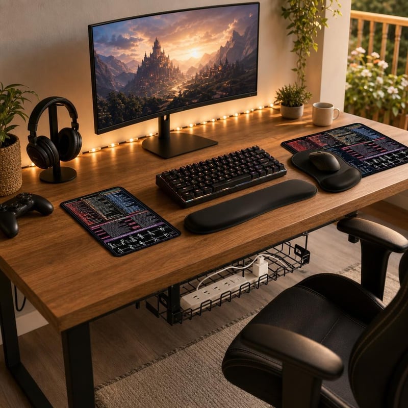 Gamer set na stôl: LED pásik + 2x podložka pod myš + organizér káblov + gélová opierka zápästia
