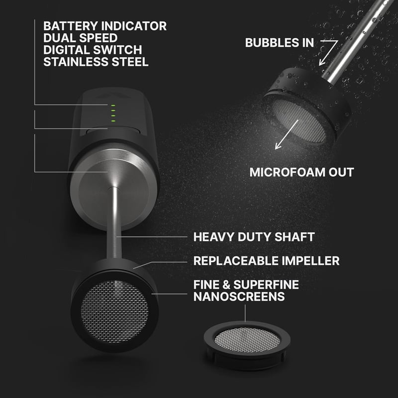 Subminimal NanoFoamer Lítium Tejhabosító | Újratölthető Kézi Barista Minőségű Tejhabosító Cappuccino és Latte Készítéséhez | 2 Sebességes Fe