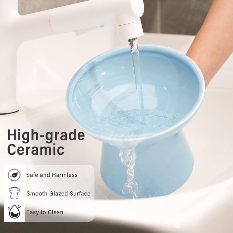 CEEFU Extra Széles Emelt Macska Etetőtálak - Kék Kerámia Dupla Tál Hányásgátló Kialakítással, Bajusz-barát, Mosogatógépben Mosható, 300ml/53