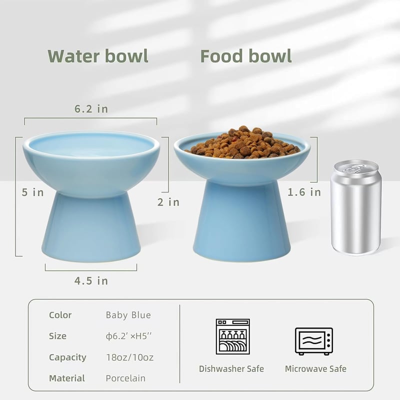 CEEFU Extra Széles Emelt Macska Etetőtálak - Kék Kerámia Dupla Tál Hányásgátló Kialakítással, Bajusz-barát, Mosogatógépben Mosható, 300ml/53